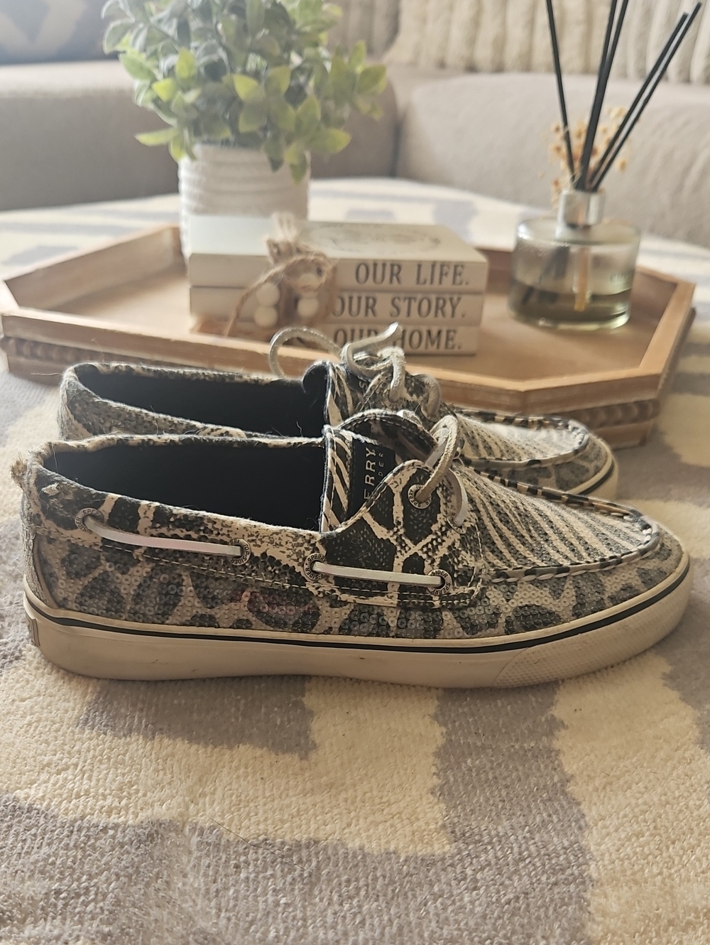 Sperry Women's Zebra-Print Boat Shoes In Black And White.